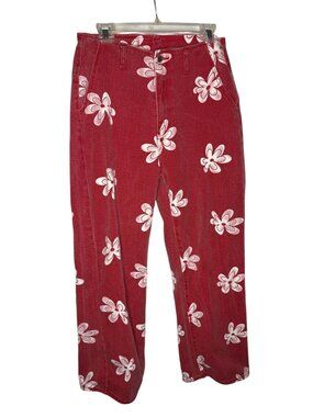 Romwe Red White Floral Print Cotton Pants Womens Size US 8/10 70s Hippie Vibe